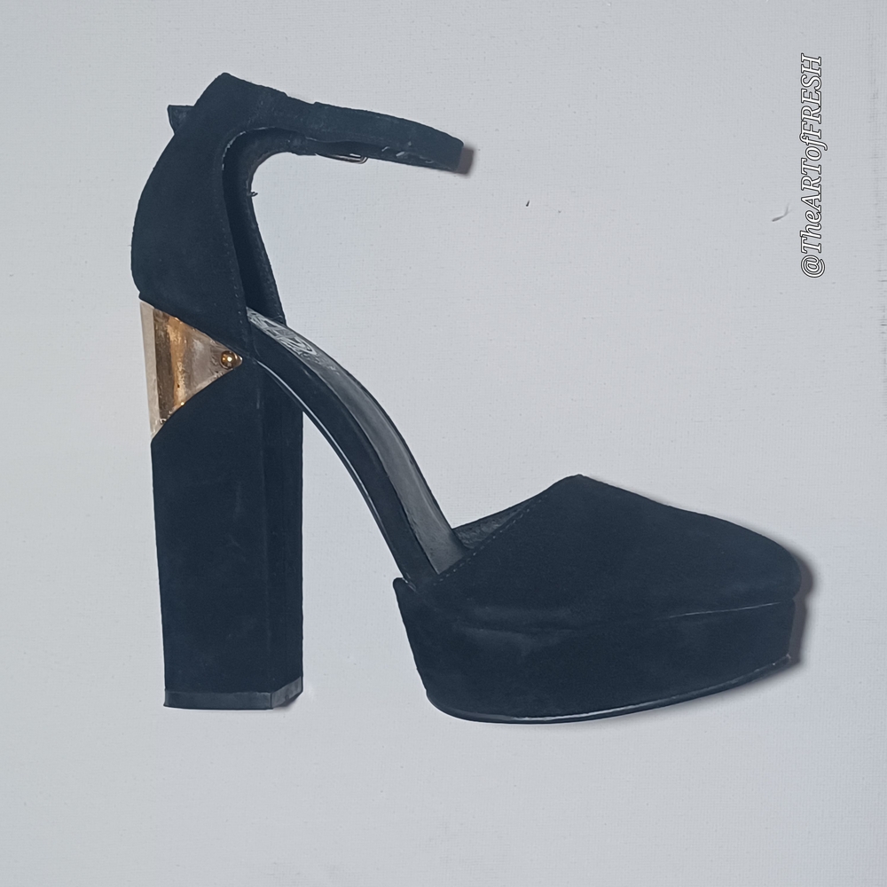 Black Suede Block Heels with Gold Accents - Picture 3 of 16
